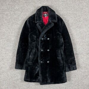Vintage Storm Shield Black Faux Fur Double Breasted Pea Coat Men’s 40 Mid Length